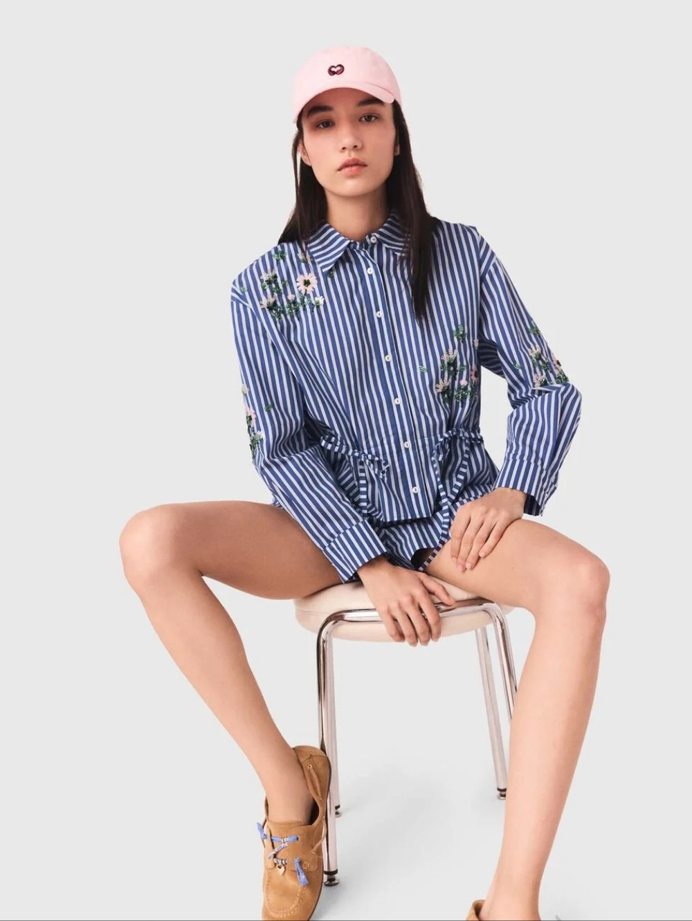 Maje Cropped Embroidered Striped Shirt